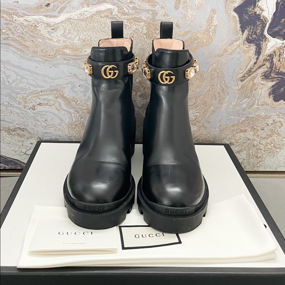 In Stores! Gucci Calfskin Crystal GG Trip Chelsea Ankle Boots - Picture 4 of 11
